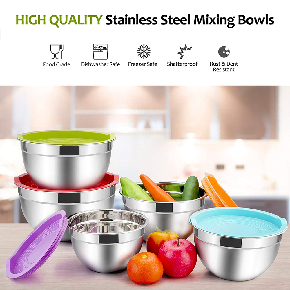 Mixing Bowls with Lids Set of 5, Vesteel Stainless Steel Mixing Bowls Metal Nesting Salad Bowls, Size 4.5, 3, 1.5, 1, 0.7 QT Great for Cooking, Baking, Serving - Multi-Color - image 2 of 5