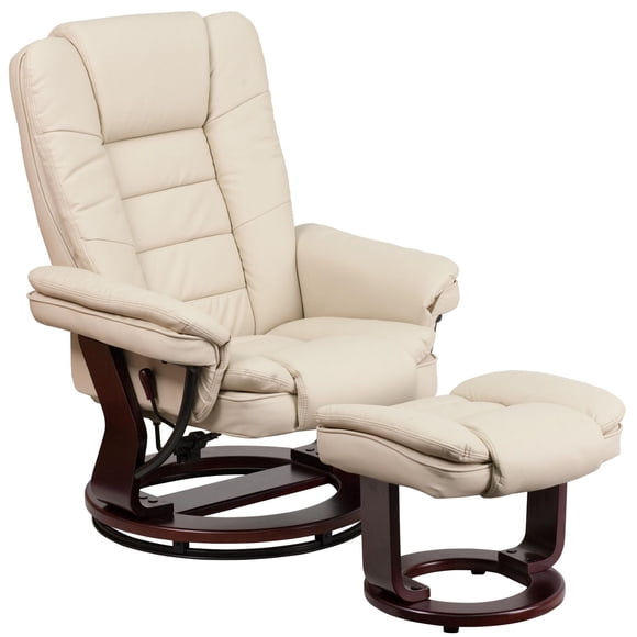 Contemporary Brown Leather Recliner with Horizontal Stitching and Ottoman with Swiveling Mahogany Wood Base