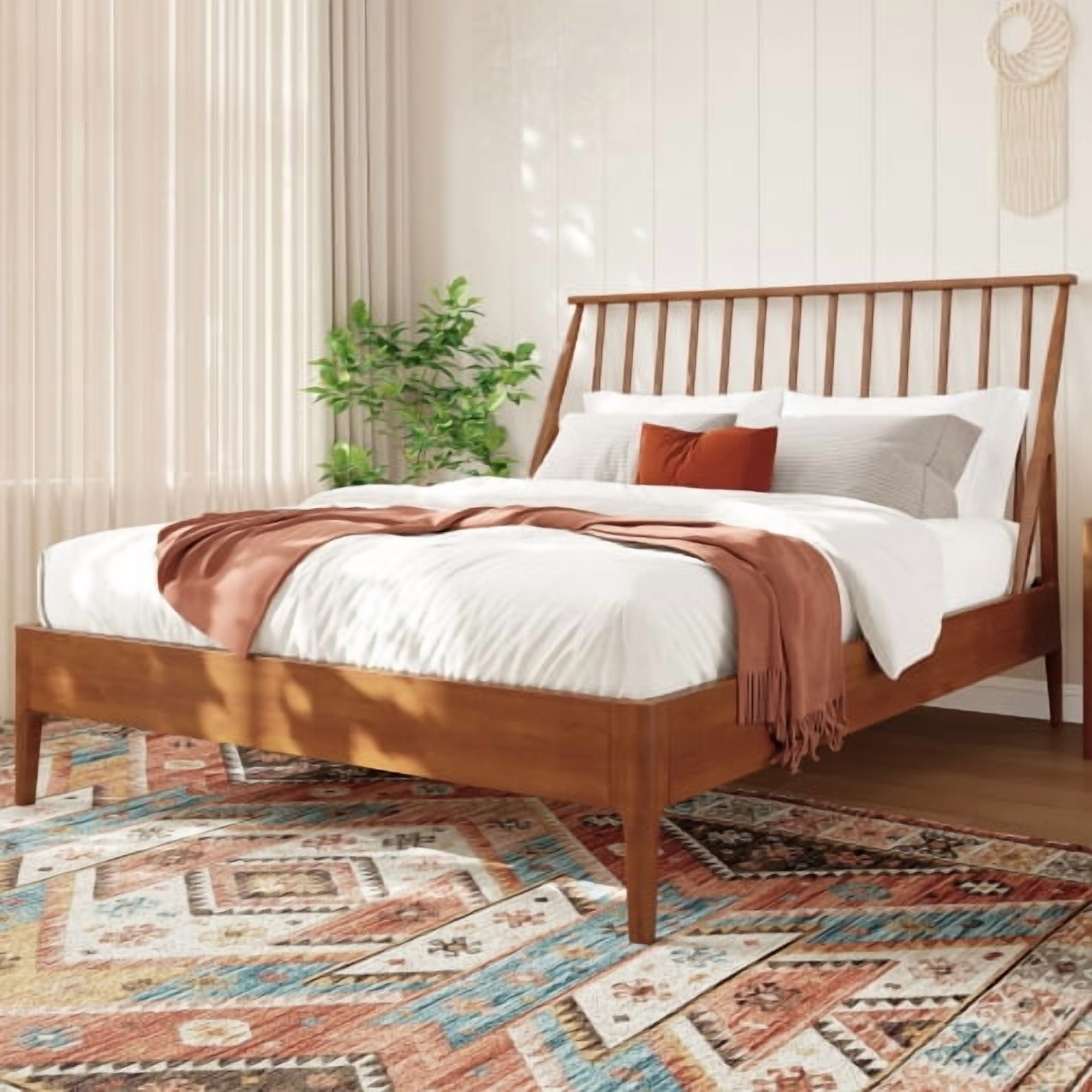 Euroco Bamboo Wood Spindle Queen Size Platform Bed with Tall Headboard, Bohemian Bed Frame with Wooden Slats and Metal Support, Mid-Century Modern Style, Warm Brown