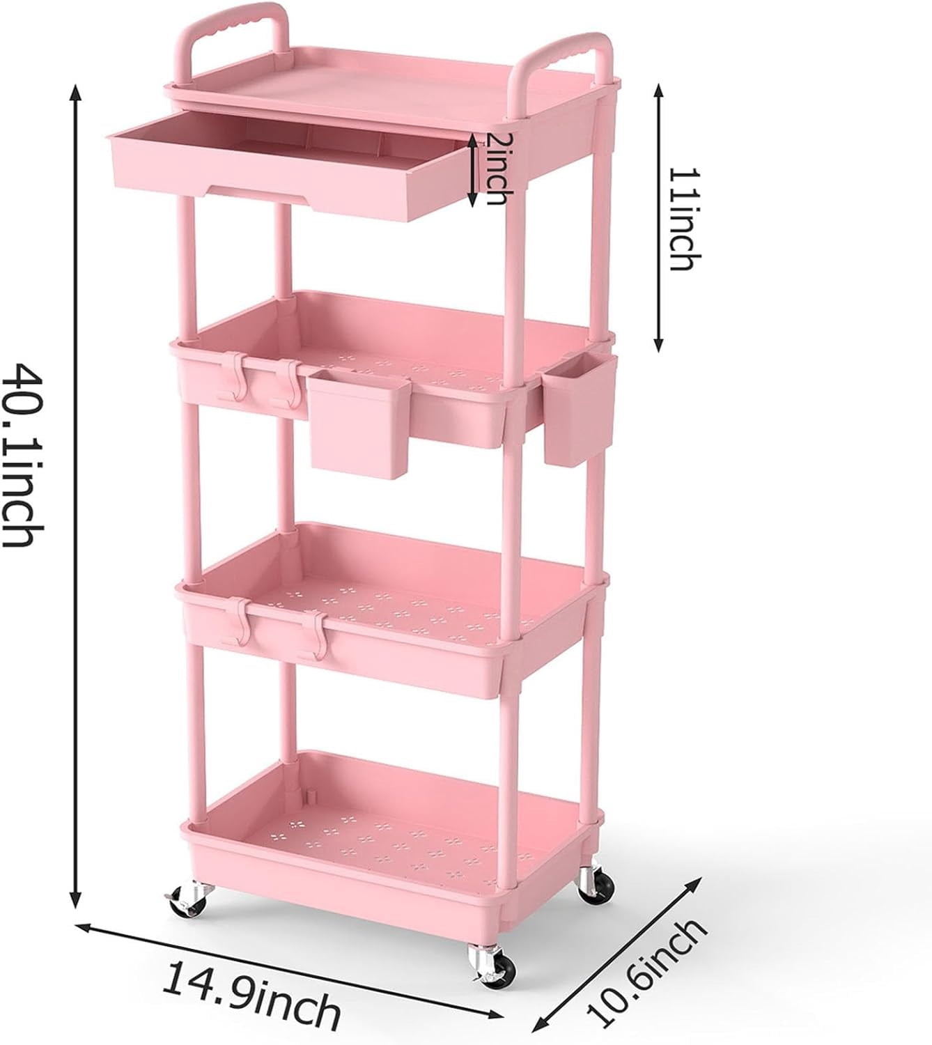 LLMRR 4 Tier Rolling Utility Cart with Drawer, Cart with Drawer & Handle, Bathroom Cart Organizer, Rolling Storage Cart with Drawer, Rolling Cart with Lockable Wheels for Kitchen, Office, Pink
