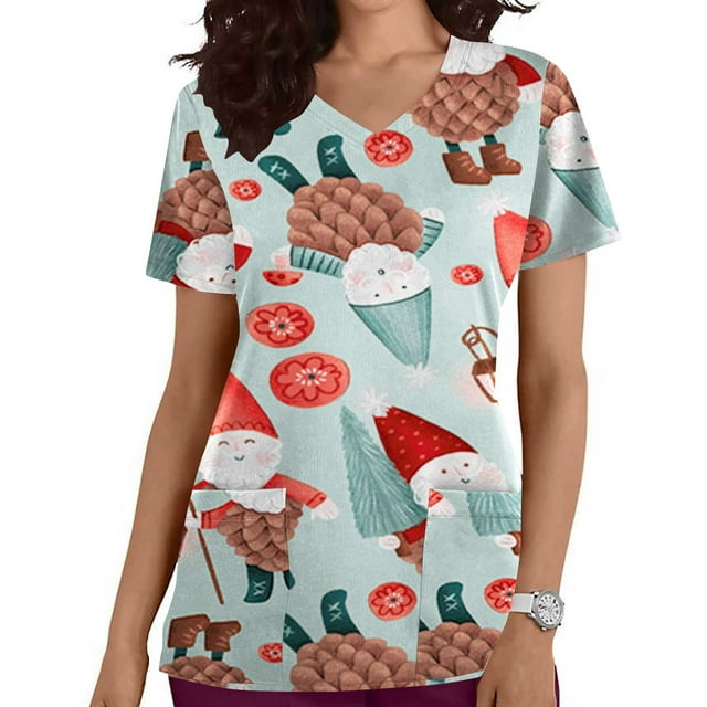 LSLJS Christmas Blouse de Soins Infirmiers de Noël pour Femmes, Imprimé, Col en V, Manches Courtes, avec Poche, Scrub Tops