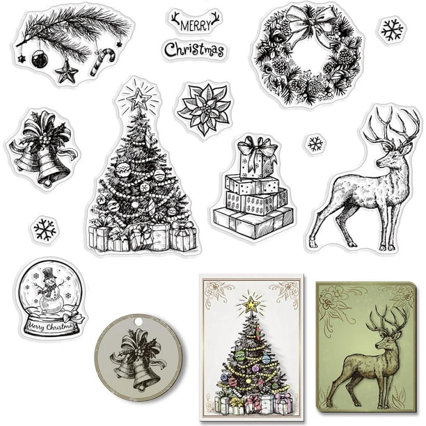 Sellos transparentes de silicona con diseño de Feliz Navidad: copo de nieve, árbol de Navidad, muñeco de nieve, alce y ciervo.