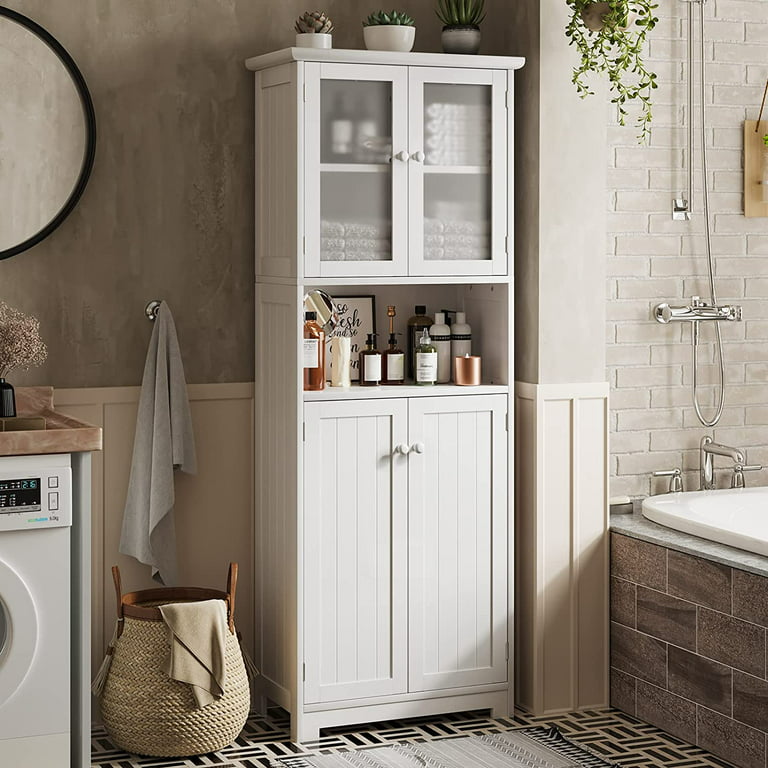 64 Tall Bathroom Storage Cabinet Kitchen Pantry Cabinets with Glass Doors  & Adjustable Shelves for Bedroom, White 