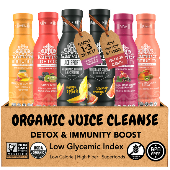 Karviva Organic Detox Juice Cleanse & Immunity Booster Variety Pack, 6 Bottles, 12 fl oz Each, Detox Wellness Drinks