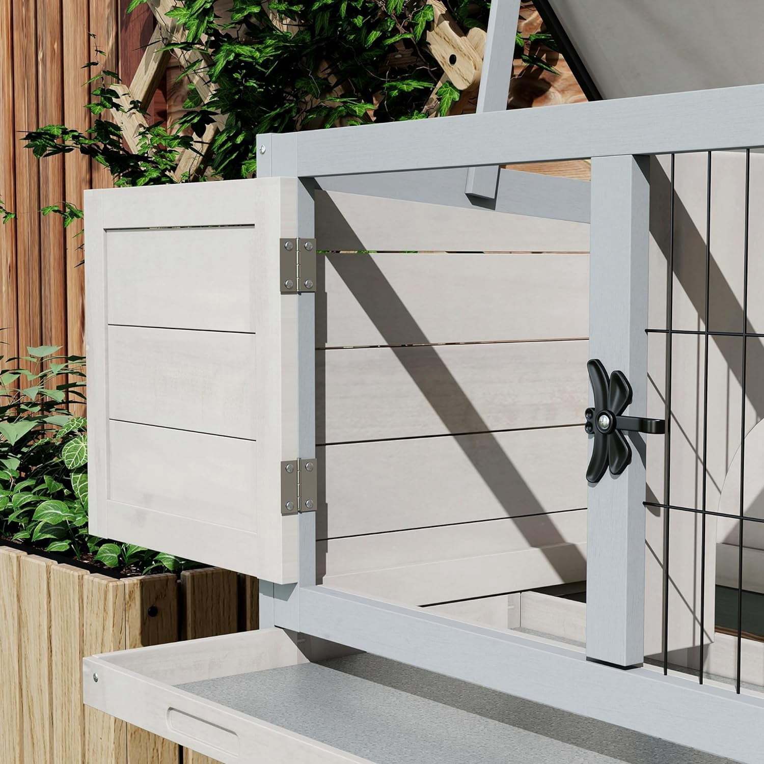 LEHOME Elevated Wooden Rabbit Hutch, Indoor/Outdoor Bunny Cage with Hinged Asphalt Roof and Removable Tray for Guinea Pig, Light Gray