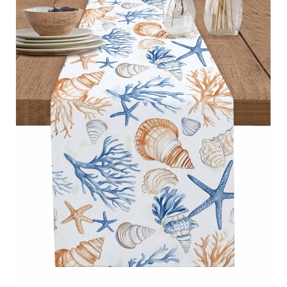 Table Runner 72 Inches Long for Kitchen Dining, Coastal Coral Dresser Scarf Farmhouse, Dining Table Decorations for Wedding/Parties, Starfish Shell Ocean Marine Life Blue 14 x 72 In