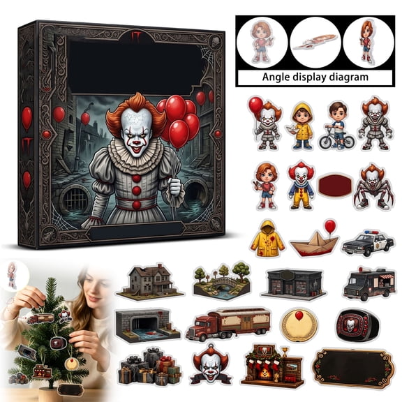 Halloween Horror Advent Calendar, 24 Piece 2D Acrylic Ornament Set, Scary Clown Theme, Spooky Countdown Home Decor