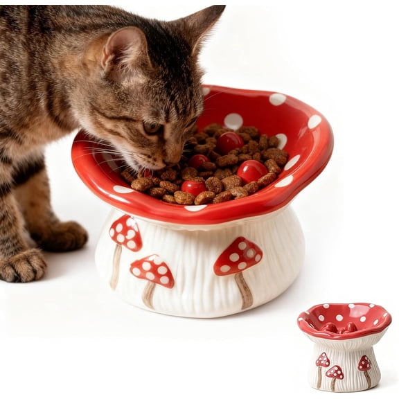 Ceramic Cat Slow Feeder Bowl, Cute Mushroom Elevated Cat Food Bowl, Anti-Vomiting Anti-Choking Cat Bowl, Anti-Fatigue Whisker Friendly Cat Feeding Bowl