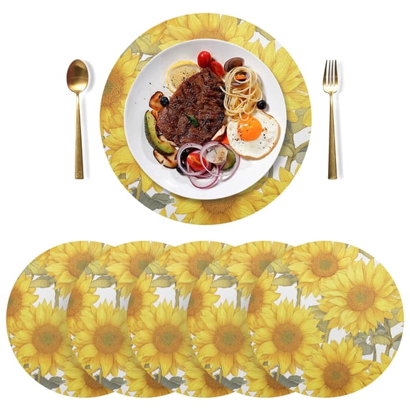 Round Placemats Plate Mats 15 Inch Non-Slip Heat Resistant Washable PVC Set Table Decoration for Kitchen Dining Sunflowers Pattern