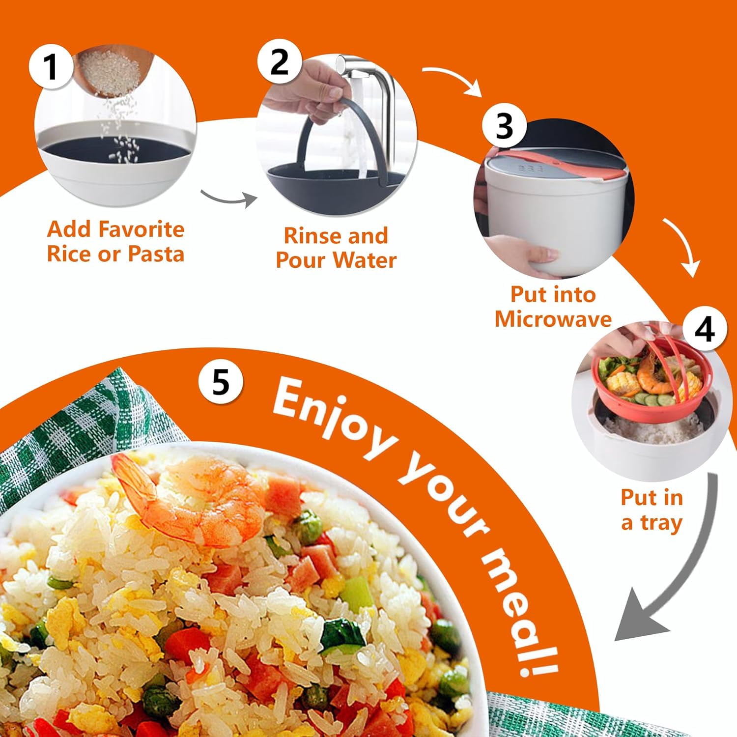 Microwave Rice Cooker Steamer Set: 2L Microwave Pasta Cooker with Rice Spoon Lid Strainer, Non-stick Rice Cooker Steaming Pot for Rice, Pasta, Vegetables, Quinoa, Oatmeal, Ramen (Orange 2)