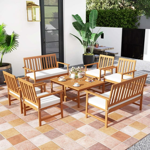 Costway 8 PCS Acacia Wood Furniture Set 2 Coffee Tables & 4 Armchairs with Seat Cushions