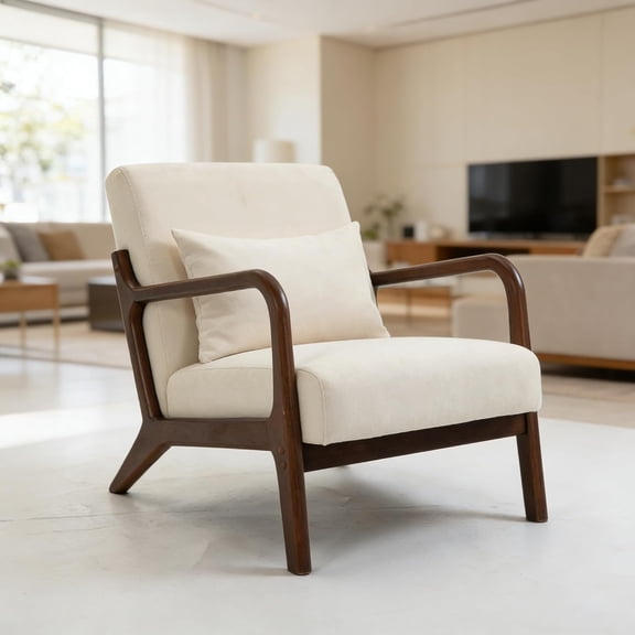 Mid Century Modern Accent Chair with Wood Frame, Comfy Armchair, Upholstered Living Room Chairs with Waist Cushion, Reading Armchair for Bedroom, Sunroom, Office, White