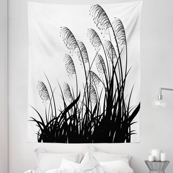 Nature Tapestry, Silhouette of Bushes Wild Plants Wheat Field Twiggy Herbs Seasonal Picture, Fabric Wall Hanging Decor for Bedroom Living Room Dorm, 5 Sizes, White Black, by Ambesonne