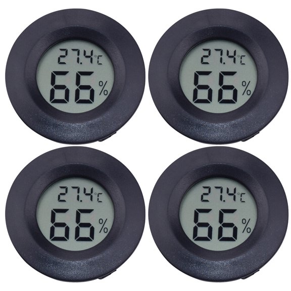 HOMEMAXS 4PC Round Digital Hygrometer Thermometer Embedded Electronic Digital Hygrometer Acrylic Reptile Pet Humidity Meter for Pet Store Home Use (Black)