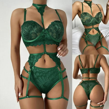 

MRULIC lingerie for women Ladies Strap Lace Crochet Cutout Teddy Lingerie Embroidery Gauze Underwear Green + XXL