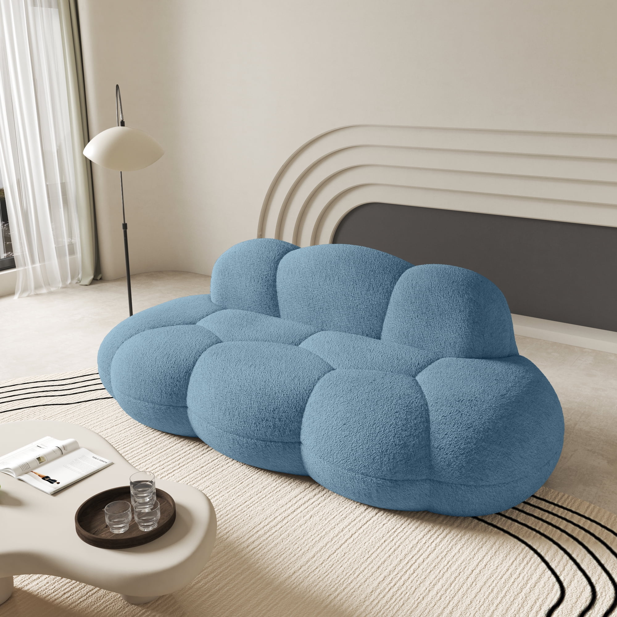 90" Modern Curved Cloud Shaped Couch for Living Room, Boucle LoveSeat 3 Seater Sofa, Upholstered Cloud Couch for Bedroom, Apartment, Small Space (Blue, No Assembly Required)
