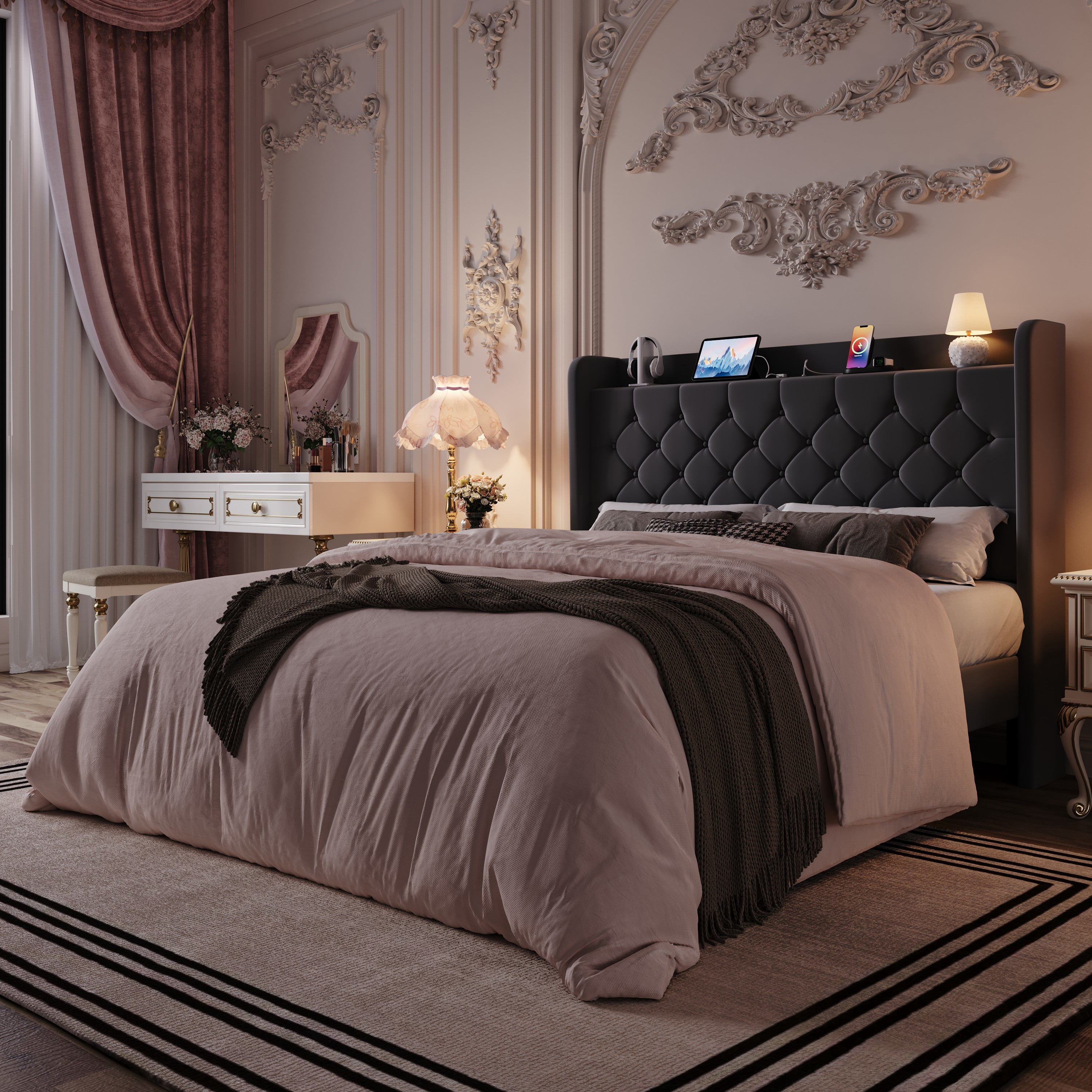 Einfach Full Bed Frame, Upholstered Platform Bed with Storage Wingback Headboard and Fast Charging Hub, No Box Spring Required, Gray