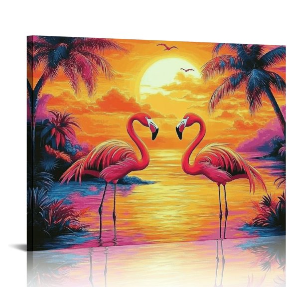 Patifu Flamingos Sunset Palm Trees Canvas Wall Art Home Decor 20x16in