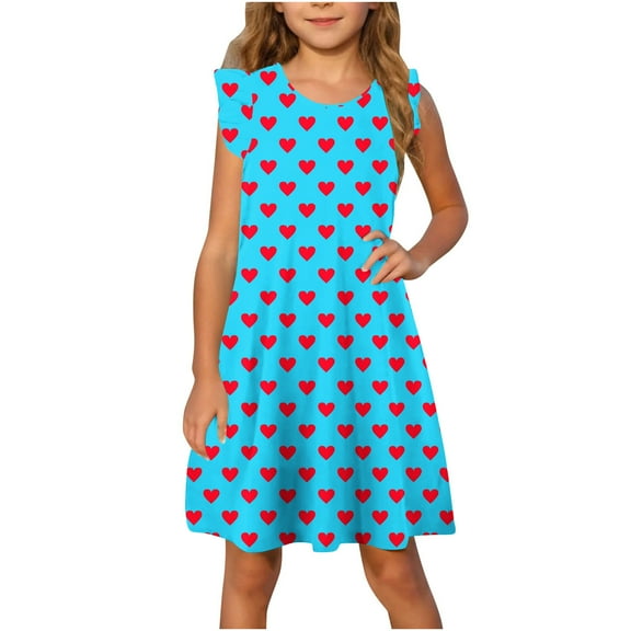 Hduncf Flutter Sleeve Dress for Girls Summer Casual Sundress Cute Heart Print Tank Dresses Kids Dress Blue 7 Years