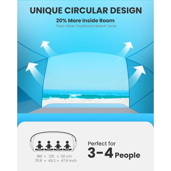 Beach Tent for 3-4 Person - Easy Setup and Portable Beach Shade Sun Shelter Canopy with UPF 50   Protection Removable Skylight Family Size-Blue
