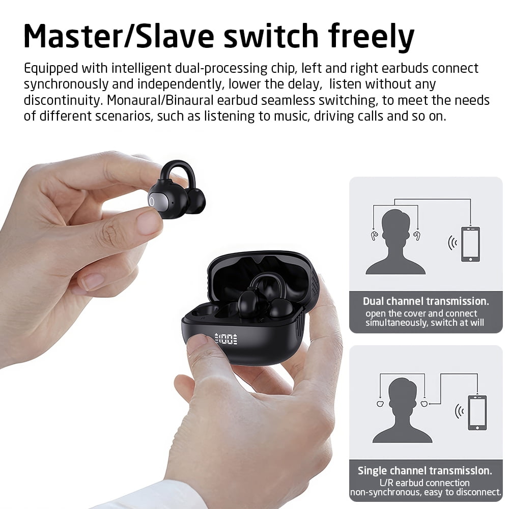 VTIN S75 Bluetooth 5.4 Ear Clip Headphones - Black Digital Display, Touch-Free Control, 6H/24H Battery, Dual Master Earbuds Semi-In-Ear with Instant Pairing & Type-C Charging