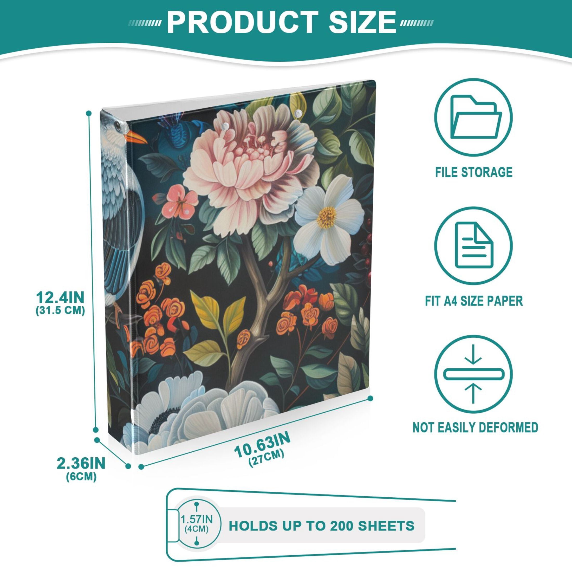 Birds Flowers 3 Ring Binders 1.5 inch Hardcover File Folders with Interior Pockets A4 Size Organizer for School Office Hospital