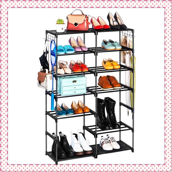 7 Tier Metal Shoe Shelf with Hook,Boots High Heels Slippers Organizer Storage for 30 Pairs (Black)