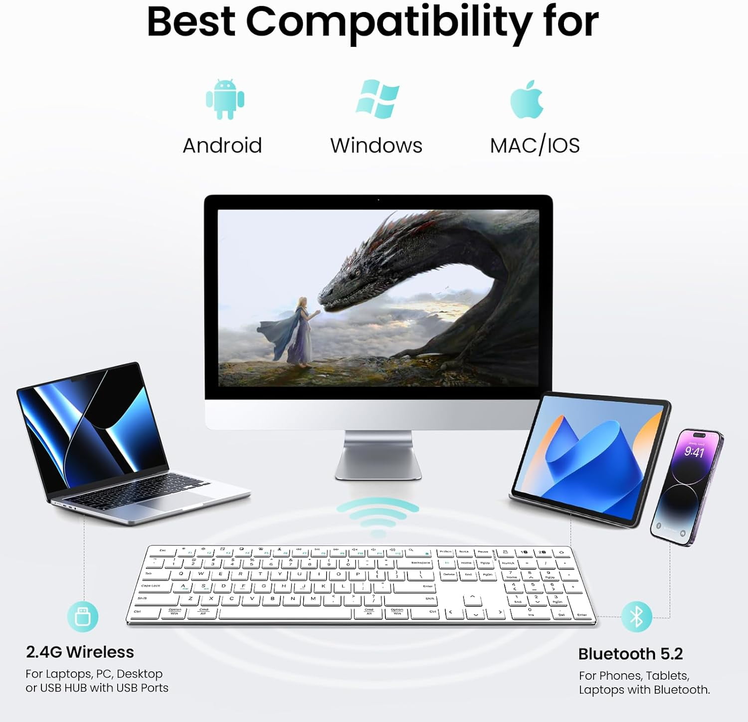 2.4G Wireless Bluetooth Keyboard Rechargeable, Stainless Steel Ultra Slim Full Size Keyboard with Numeric Keypad Low Profile Silent Cordless Keyboards for Computer/Mac/Windows