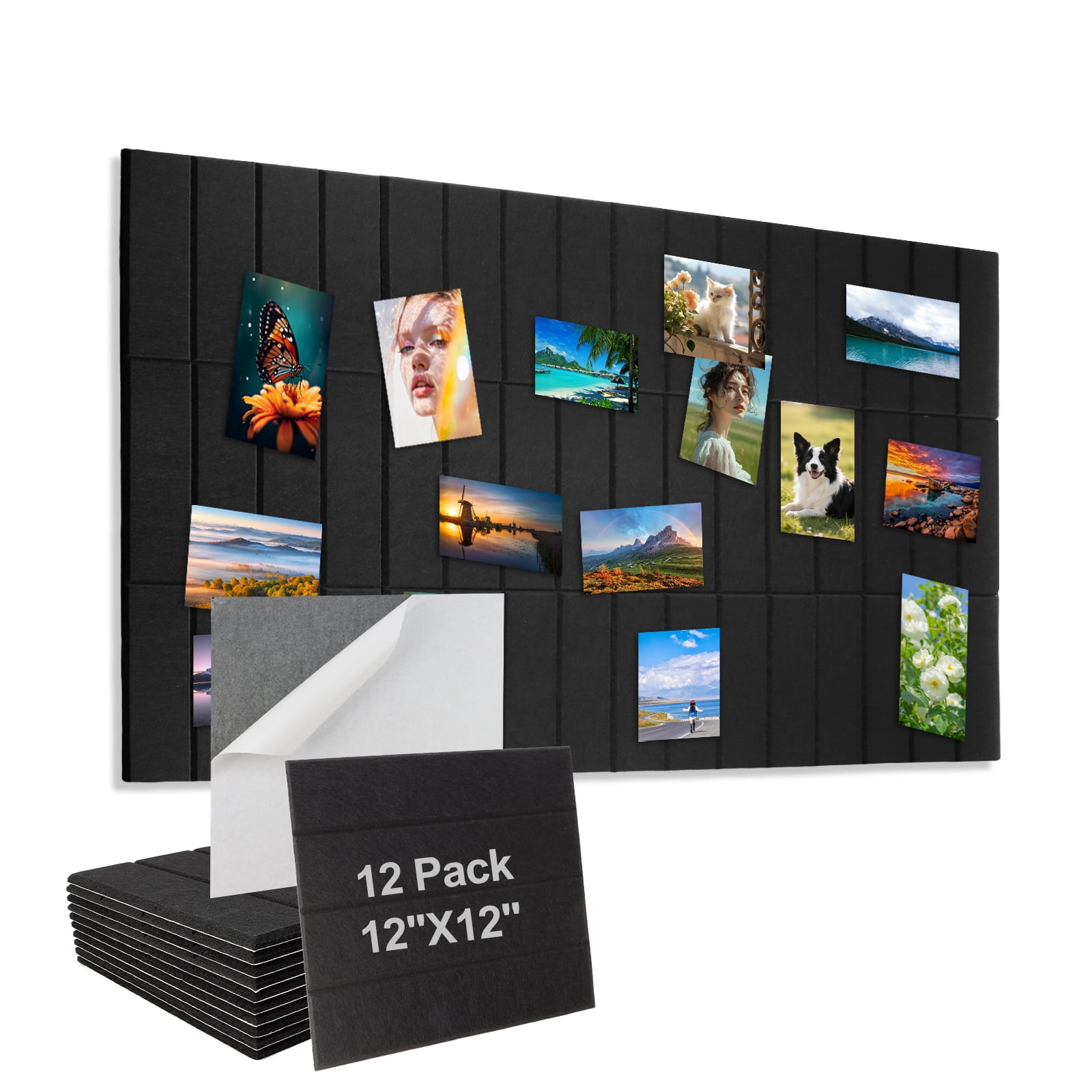 12-inch Cork Board, 12-Piece Self-Adhesive Felt Bulletin Board Tiles, Office & Home Decor Message Board, Sound-Absorbing Cork Panel Effectively Reduces Echo & Noise, Black
