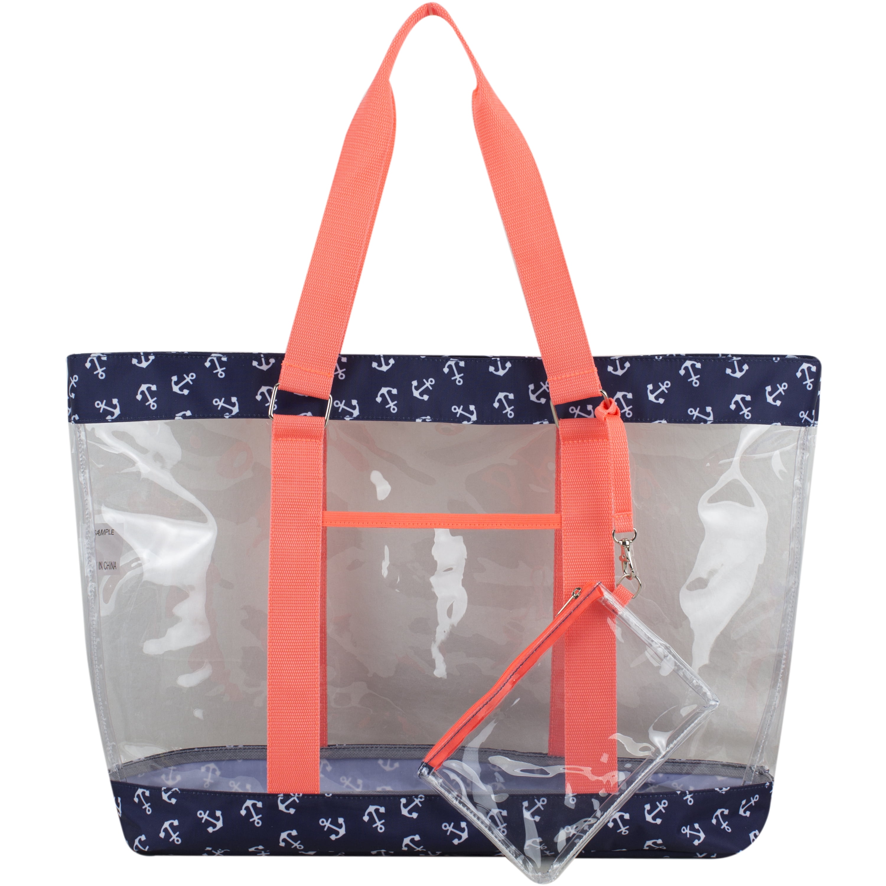 Eastsport Supreme Deluxe Clear Tote with Wristlet, Coral Blue Anchors