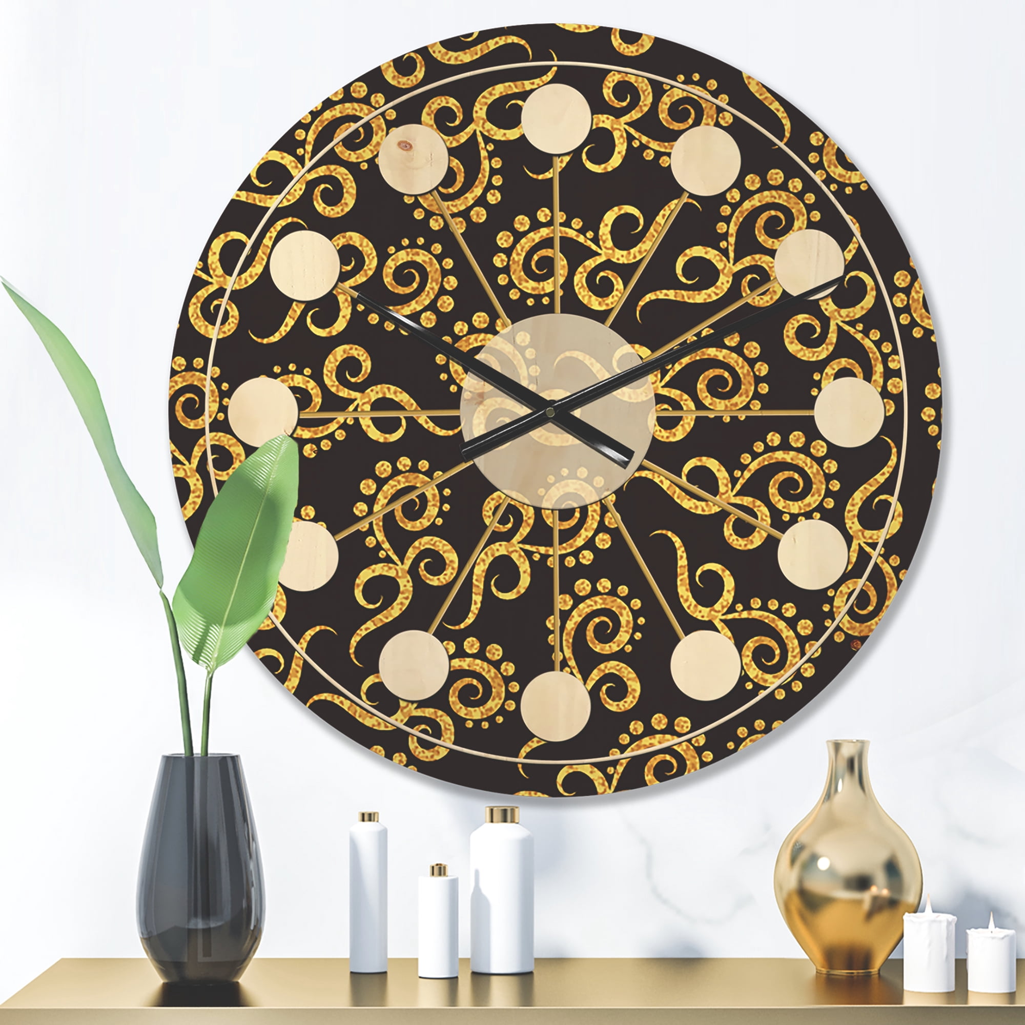 Designart 'Black and Gold Swirl II' Mid-Century Modern Wood Wall Clock