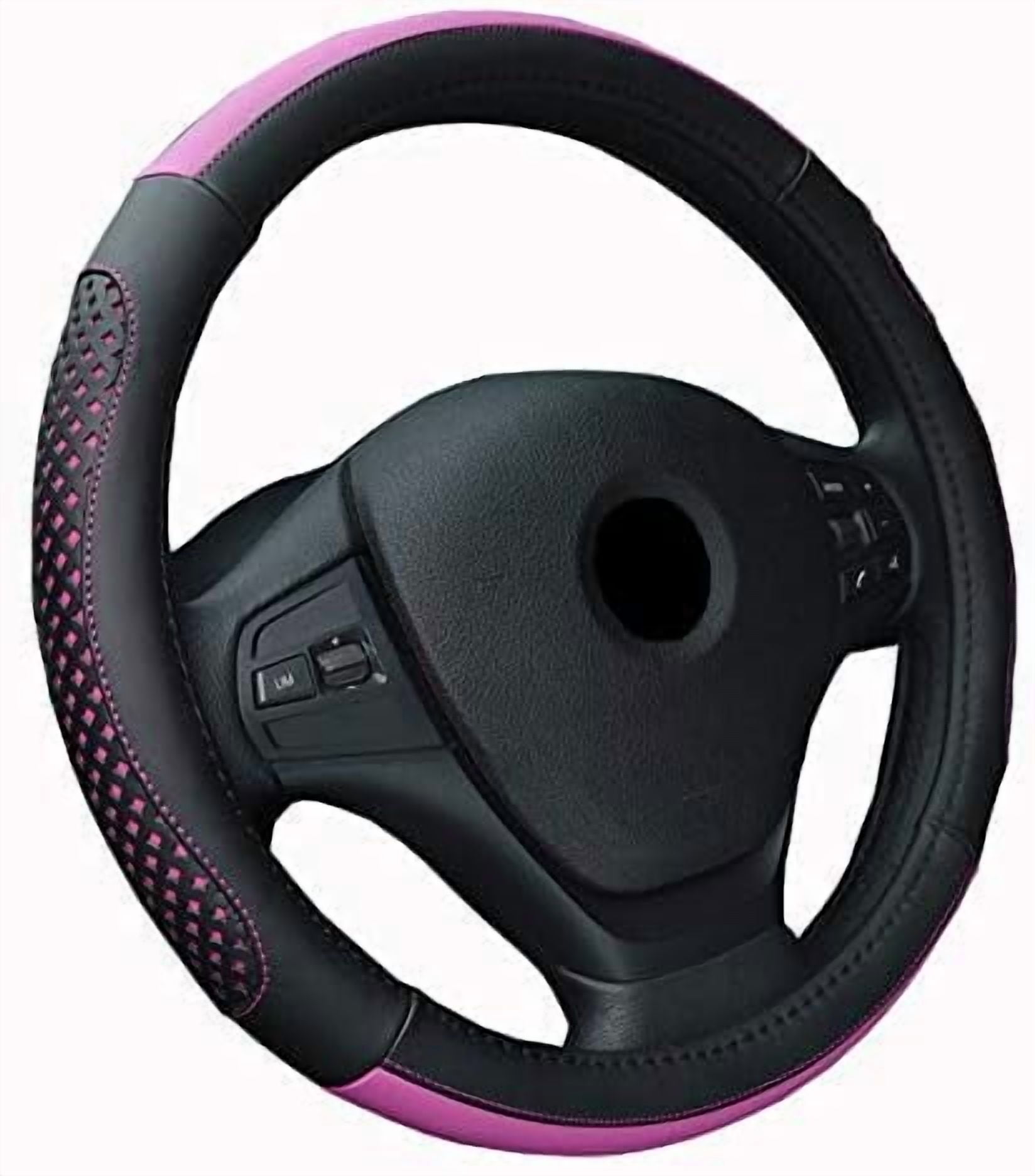 Car Steering Wheel Cover Hole Perforation Anti-Slip Universal 15 Inches Leather for Women, Black Blue