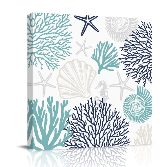 Canvas Wall Art, Teal Blue Grey Coastal Framed Canvas Prints for Bedroom Office, Summer Beach Coral Shell Starfish Large Gallery Wrapped Wall Decor for Home Office, Gifts, 16"x16" Ship Next Day