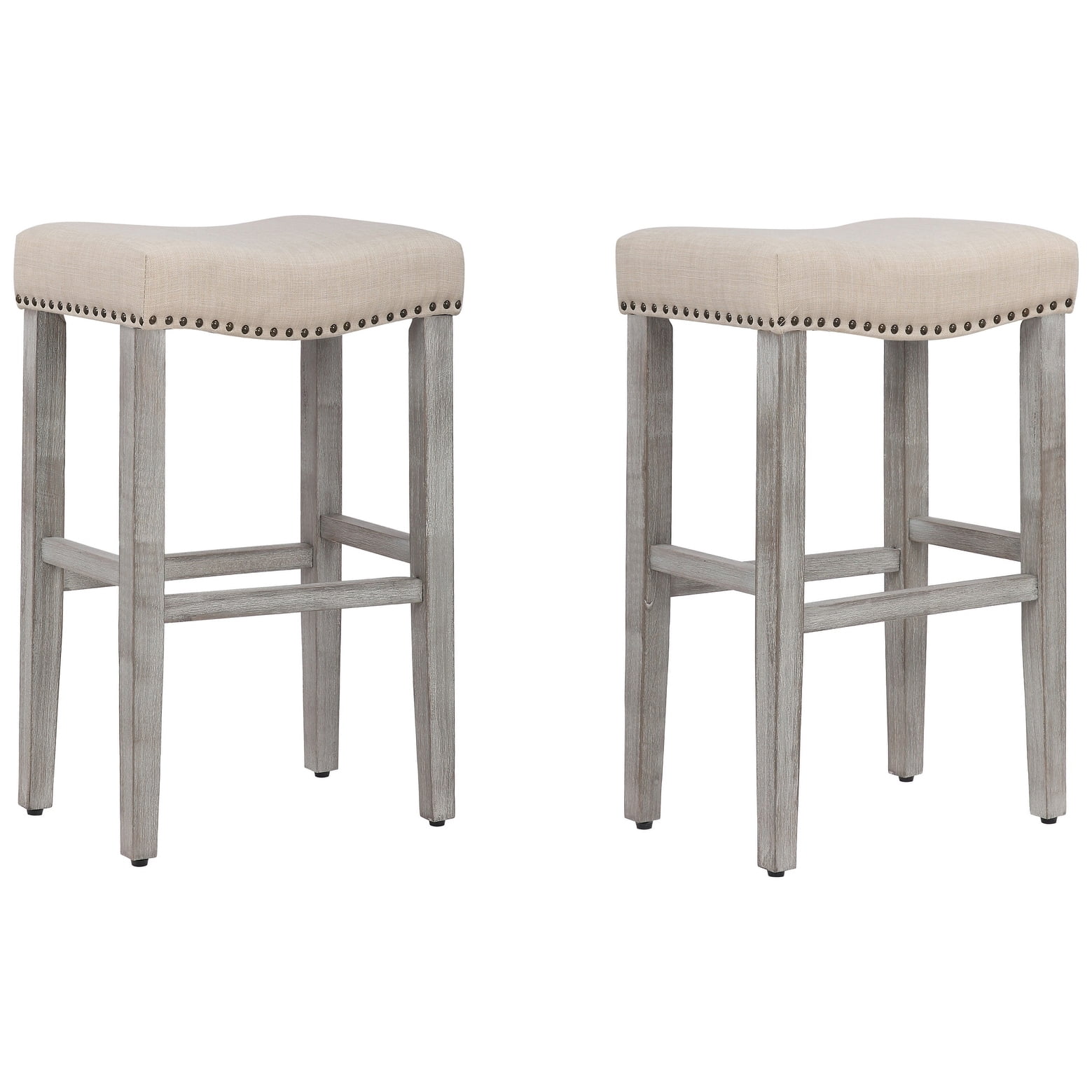 Polytrends Jameson Upholstered Polyester 29" Bar Stool - Saddle Seat (Set of 2) Gray Legs Beige