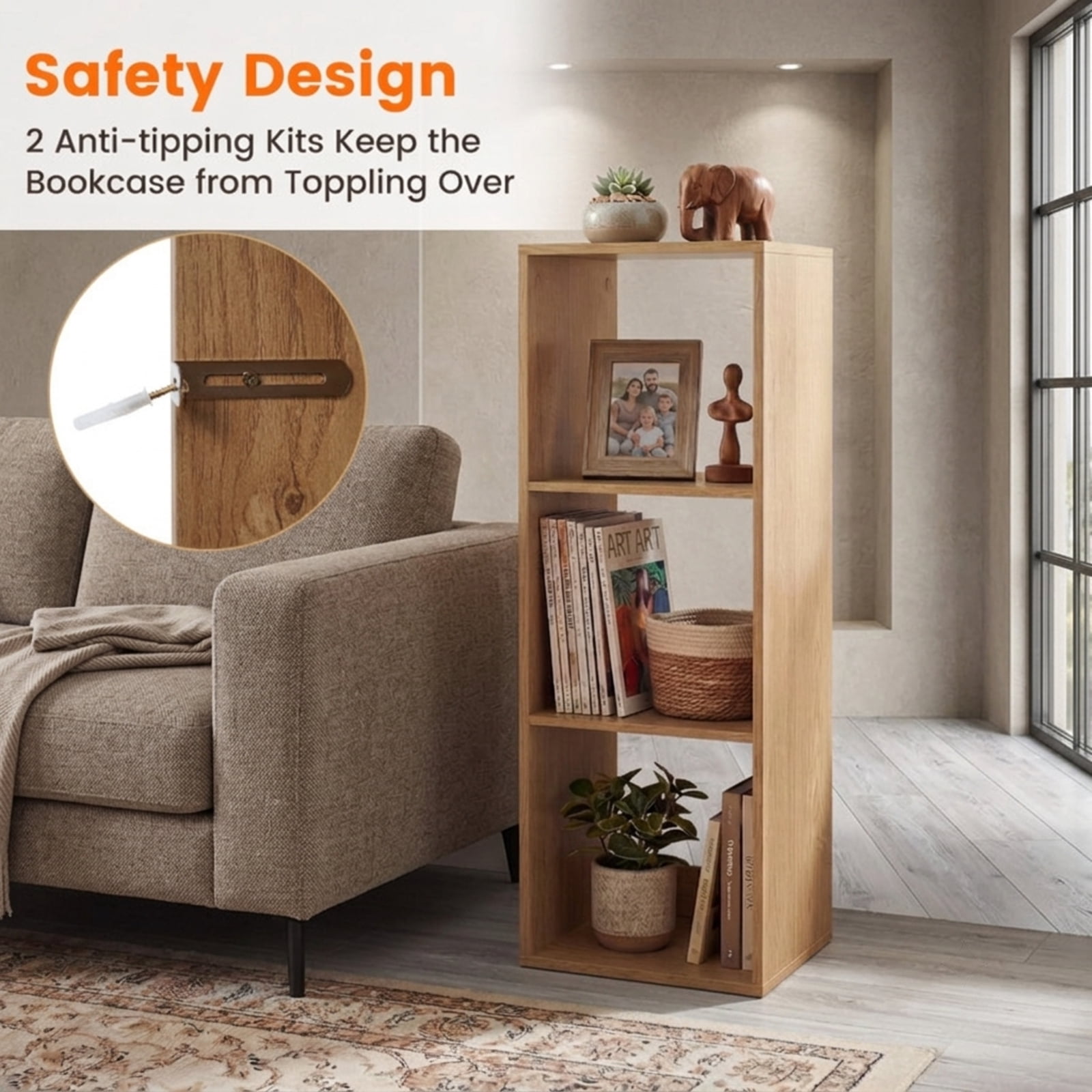 Furnibear 3-Cube Bookshelf with Back Guardrail Reinforced Crossbar and Anti-Tipping Kits for Living Room and Bedroom Books and Storage Boxes, Natural
