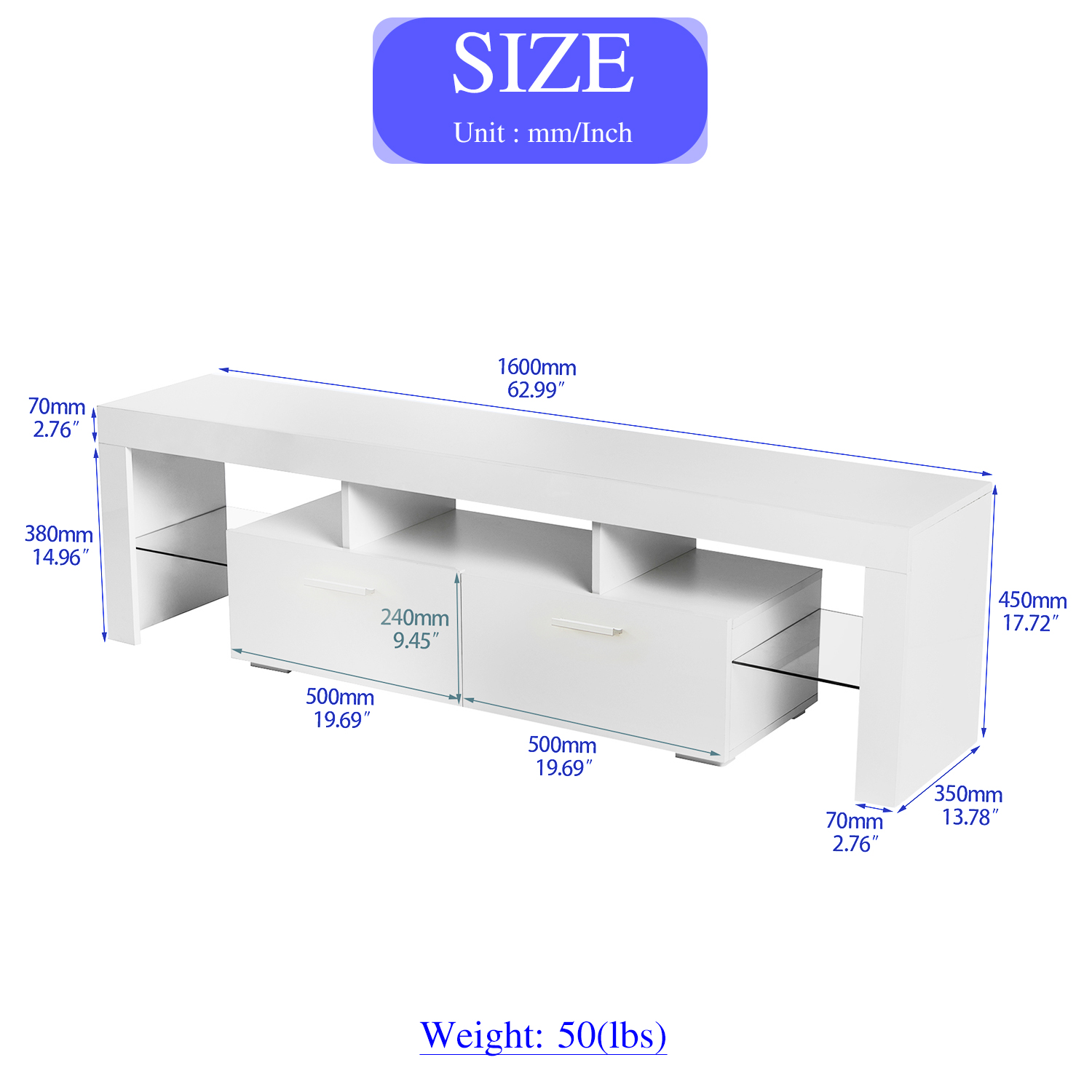 Modern TV Stands with LED Lights, High Gloss TV Entertainment Center for 70 Inch TV with 2 Flip Down Drawers and Open Shelves, Modern Console Media Table Storage Desk for Up to 70 Inch TV, White - image 2 of 9