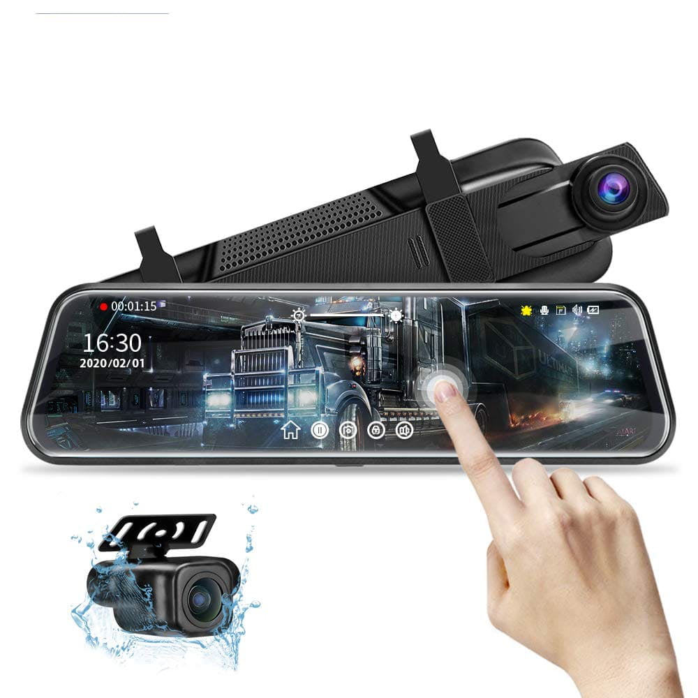 4K Mirror Dash Cam Front and Rear View Mirror Backup Camera 10'' IPS Full Touch Screen 1080P Reverse Camera Enhanced Night Vision for Cars with Parking Assist/Monitor Free 64GB Card ＆ 33ft Cable