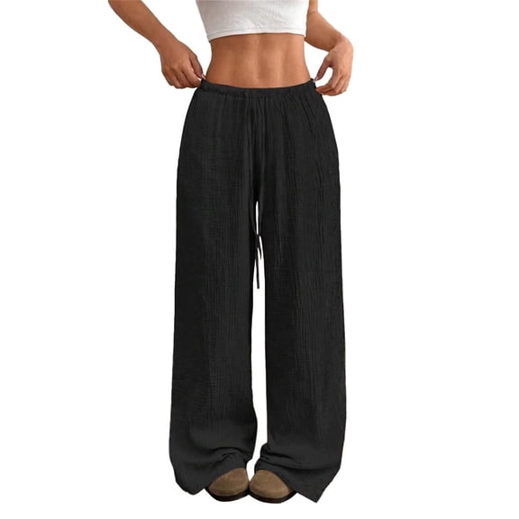 LEKODE Womens Wide Leg Palazzo Pants Gauze Crinkle Lounge Trousers Casual Drawstring Elastic Waist Summer Beach Slacks Black L