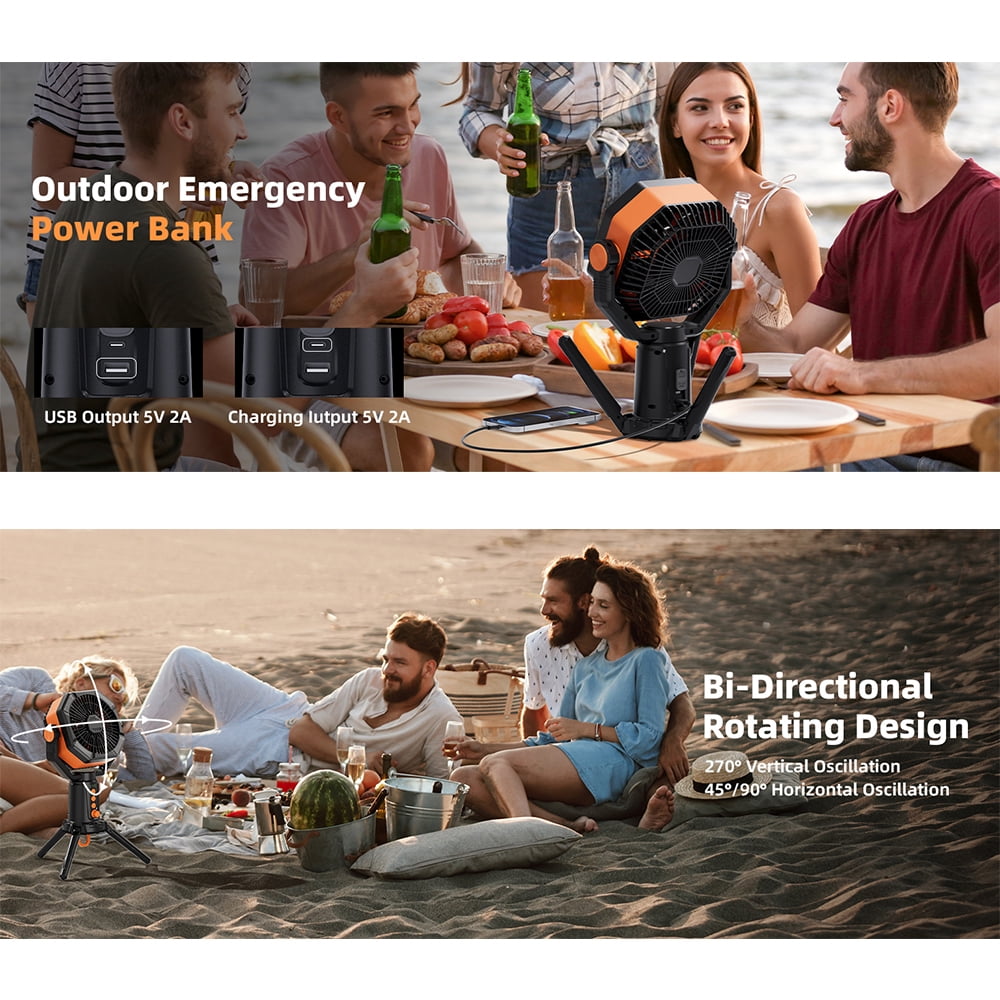 Table Fans Tripod, 20000mAh Rechargeable Battery Operated Portable Tent Fan with LED Lantern, Remote Control, Hook, 270° Pivot, Stepless Speed-Ideal for Camping, Picnic, Barbecue, Jobsite