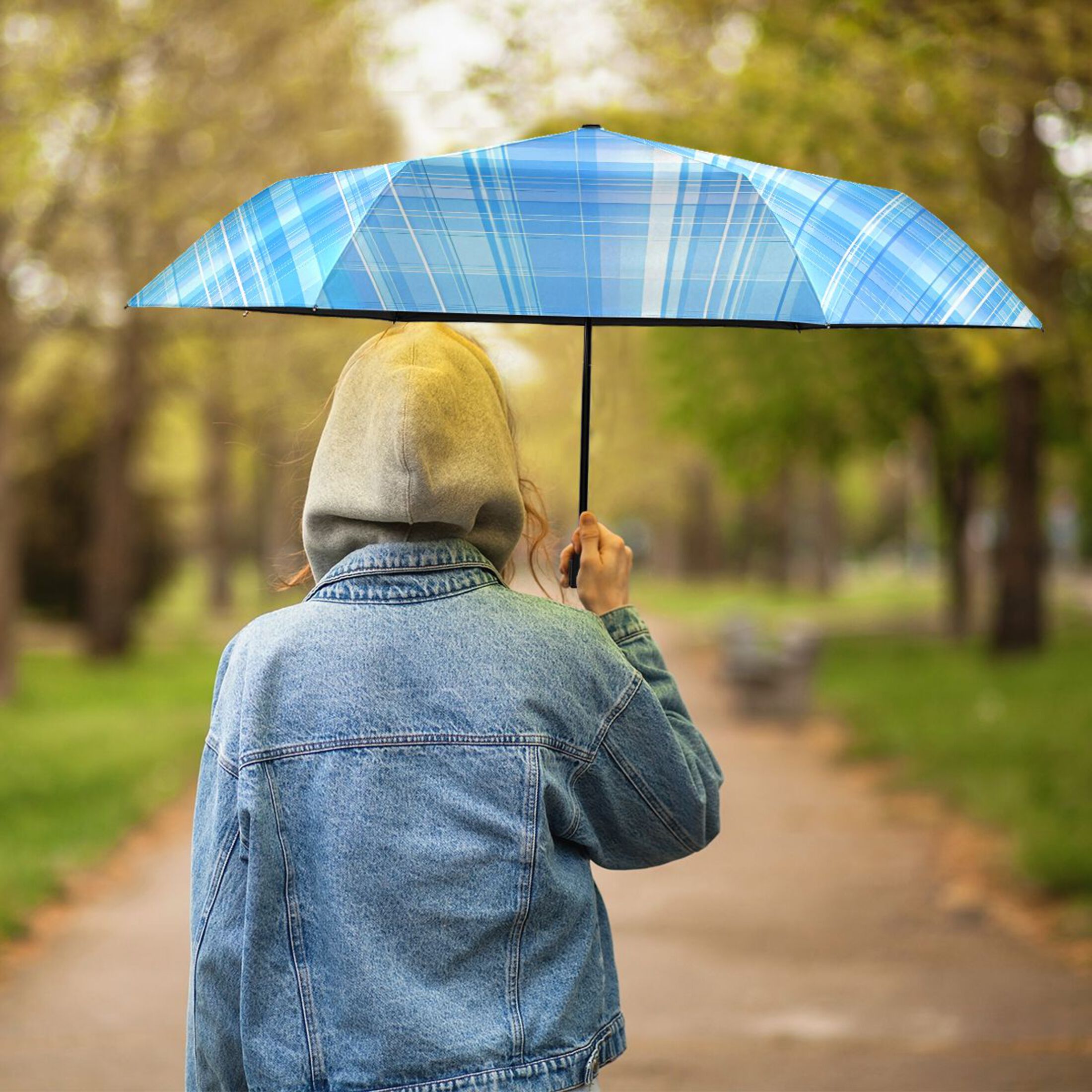 ALAZA Plaid Checkered Blue UPF 50+ Compact Folding Umbrella for Rain Travel Umbrella Packable
