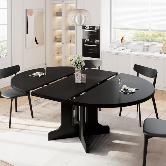 iPormis 59" Extendable Round Dining Table for 6, Modern Kitchen Table with Sturdy Wooden Base,Perfect for Small Space, Black