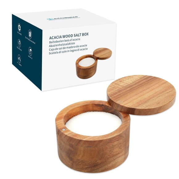 KITCHENDAO Cave à Sel en Bois d'Acacia, Élégant Contenant/support pour Sel de Cuisine avec Couvercle Magnétique Pivotant pour Ranger Poivre Épices Sel de Bain