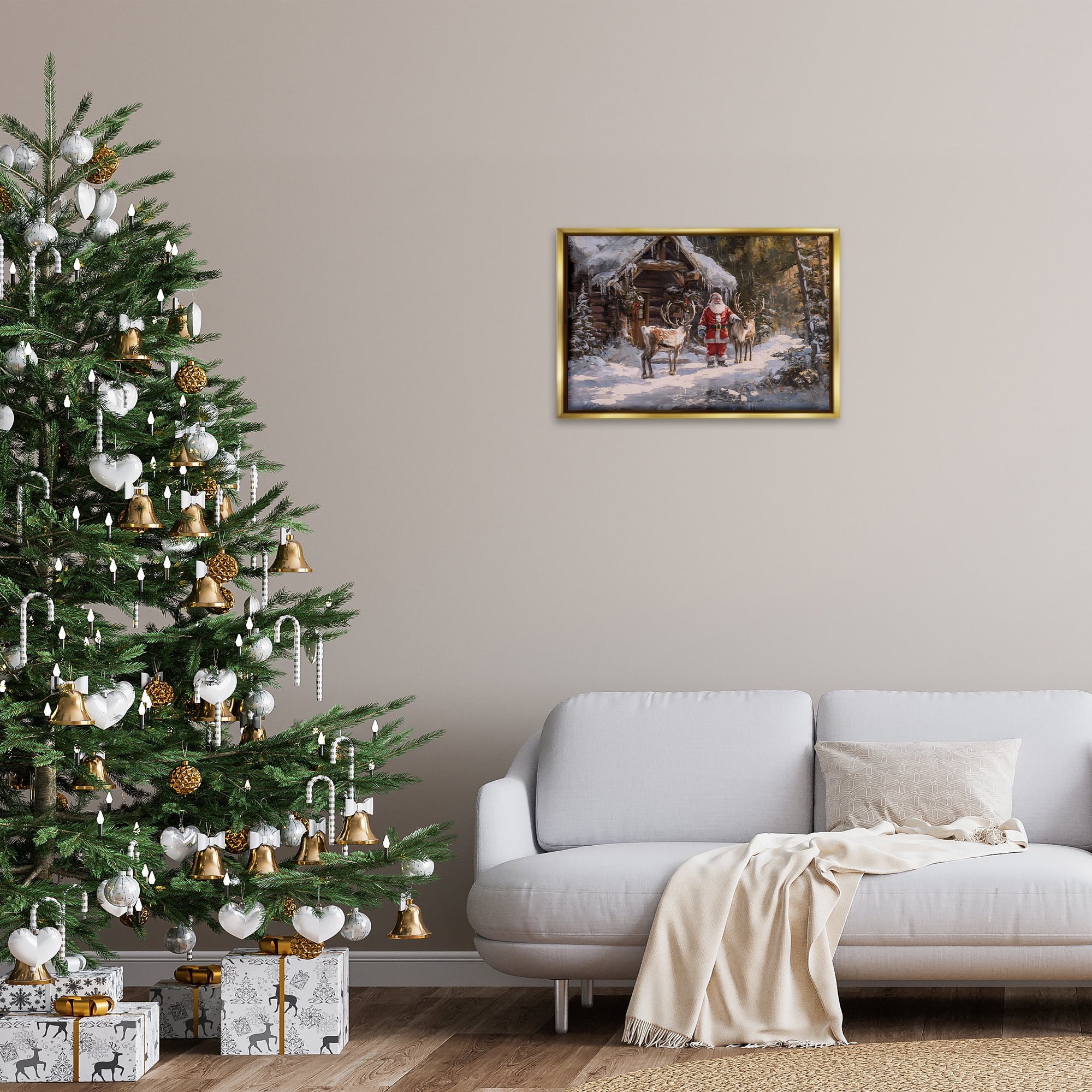 Stupell Industries Traditional Santa by Cabin Holiday Painting Gold Floater Framed Canvas Art Prints Wall Art, 25 x 17