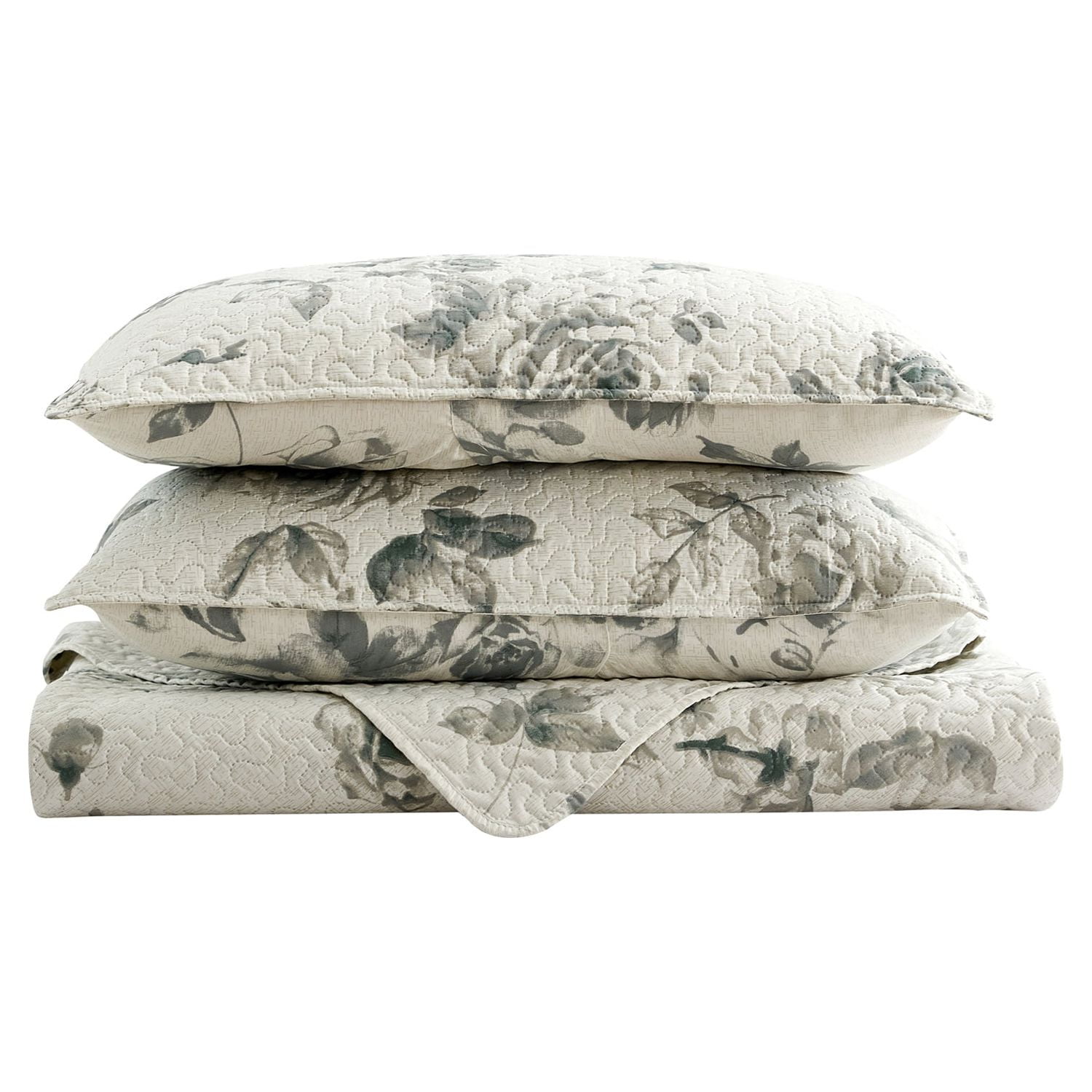 JML Quilt Set, Queen, Grey Flower, 3 Piece