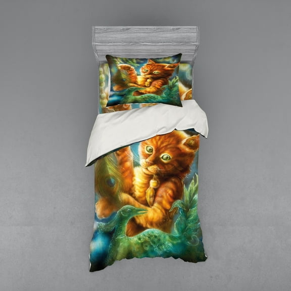 Ambesonne Cat Bedding Set 3 Pcs, Fantasy Peacock, Twin XL, Orange Green Blue