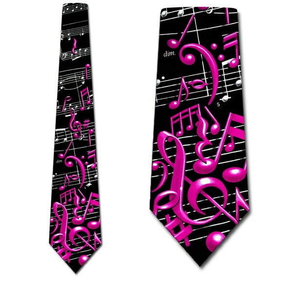 Musical Notes and Staff - Pink on Black Necktie Mens Tie by Three Rooker