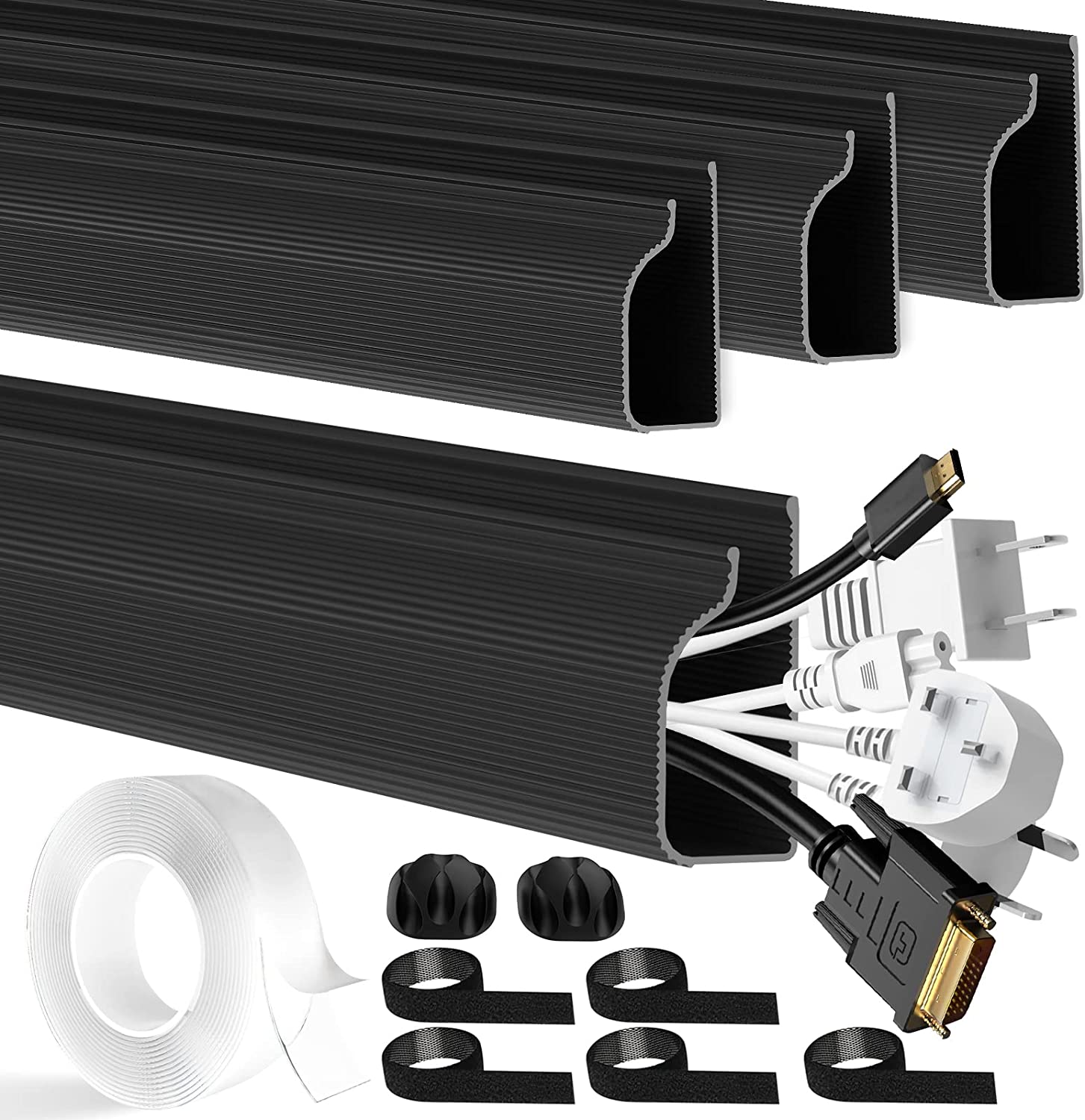 4 Packs J Channel Cable Raceway Black Cable Trunking Hiding Wall Mount