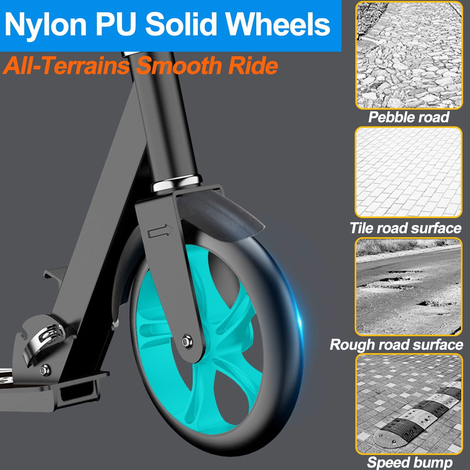 Foldable Scooter -200mm Big Wheels 4 Levels Height Adjustable for Kid, Teens  - Unisex, Black