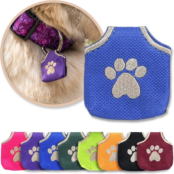 GJX Dog Tag Silencer,Blue Pawprint-Quiet Noisy Pet Tags-Fits Up to Four Pet Ids-Dog Tag Cover Protects Metal Pets Ids,Made of Durable Nylon,Universal Fit,Machine Washable