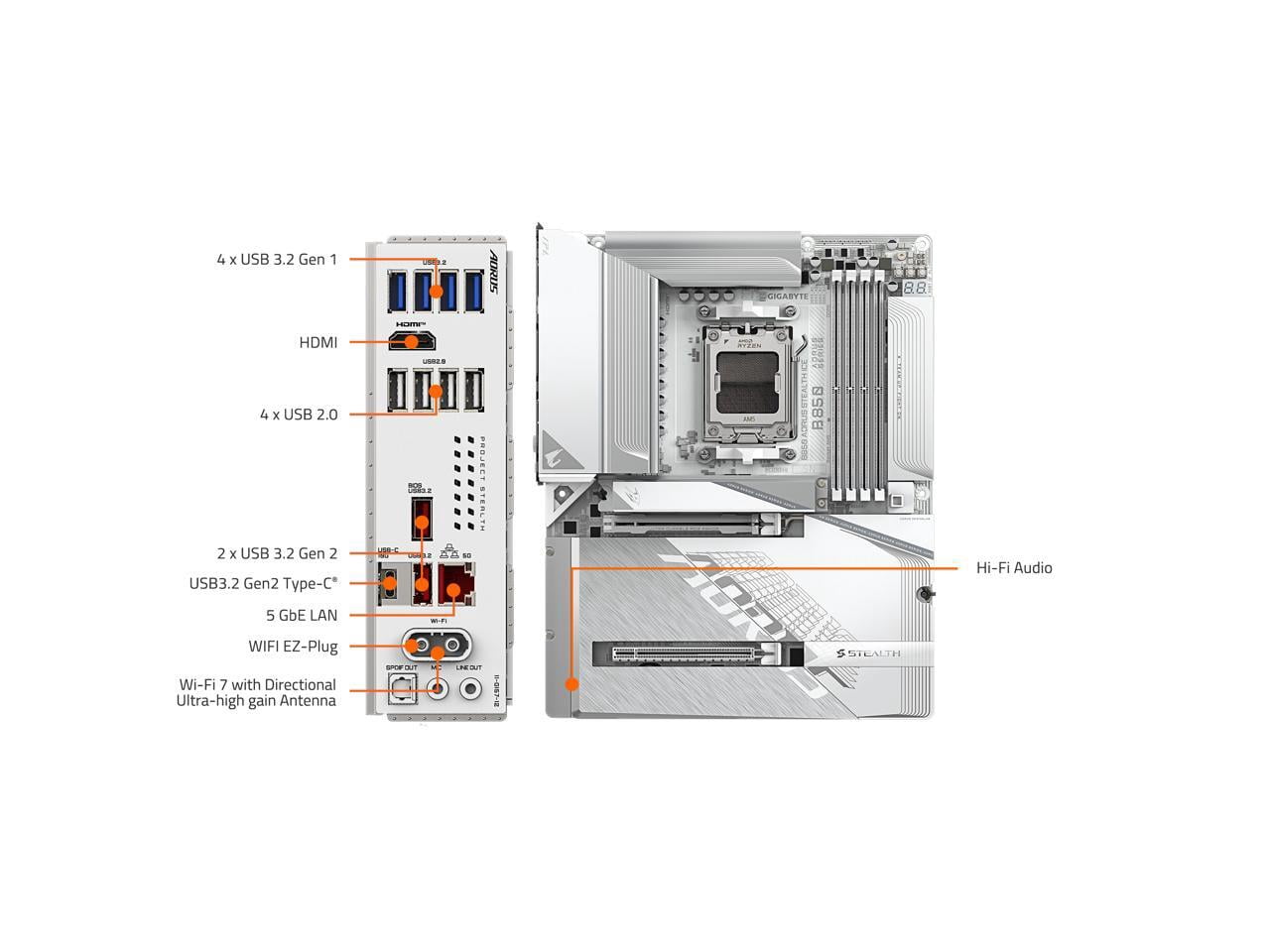 Aorus STEALTH B850 A STEALTH ICE Gaming Desktop Motherboard, AMD B850 Chipset, Socket AM5, ATX